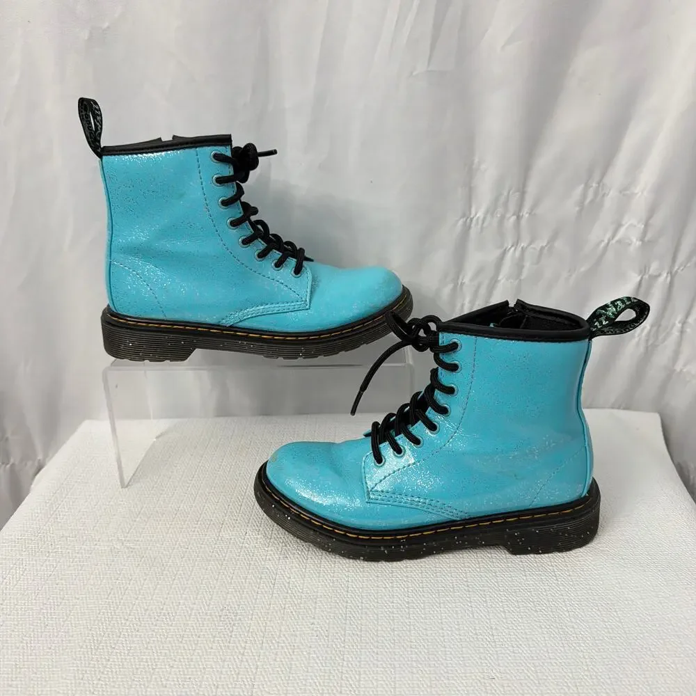 Dr Martens Boots Girls Size 2 Blue Sparkle 1460 J Side Zip Lace Up Youth